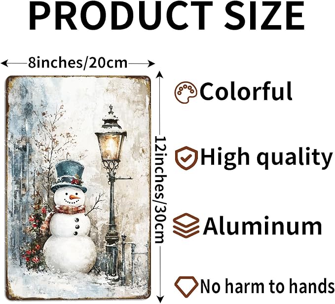 Snowman Sign Winter Vintage Metal Signs Aluminum Tin Signs for Farmhouse Outdoor Home Yard Garden Bar 12×8 Inch