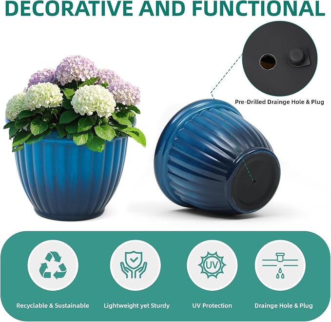 2-Pack 15" Gradient Blue Plastic Outdoor Flower Pots with 3D Texture | Set of 2 PP planters with faux ceramic look, 3D texture, drainage plugs, and UV-treated finish for patio or porch
