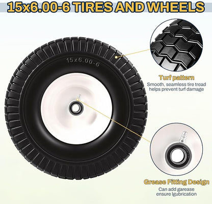 2 PCS 15x6.00-6 Flat Free Lawn Mower Tire and Wheel, 15x6-6 Front Tire Assembly Compatible with John Deere Husqvarna Riding Mowers Lawn Tractors, with 3/4" & 5/8" Bearings, 3" Centered Hub