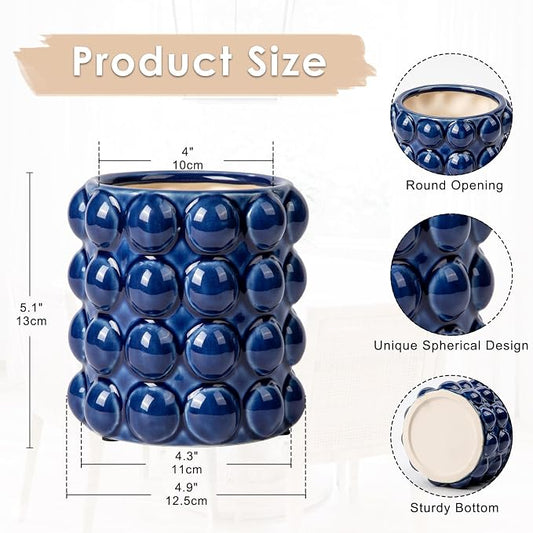 5 Inch Ceramic Planter Pot for Indoor Plants without Drainage Hole Bubble Flower Planter Hobnail Plant Pot Garden Planter Blue Succulent Plant Pot Utensil Holder