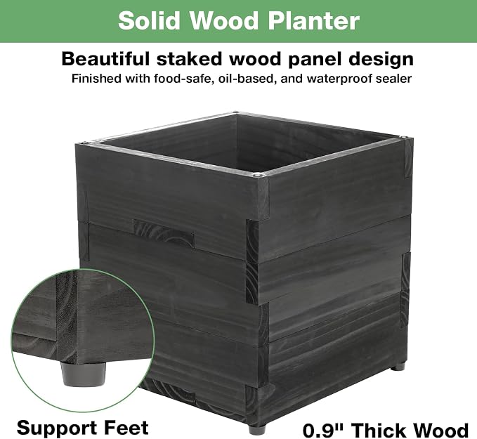 Large Decorative Wooden Planter w/ Universal Pole Support for String Light Poles, Umbrellas, Bird Feeders. Solid Wood Outdoor Garden Patio Box for Plants(Does not include Pole), 14"x14"x14", Black