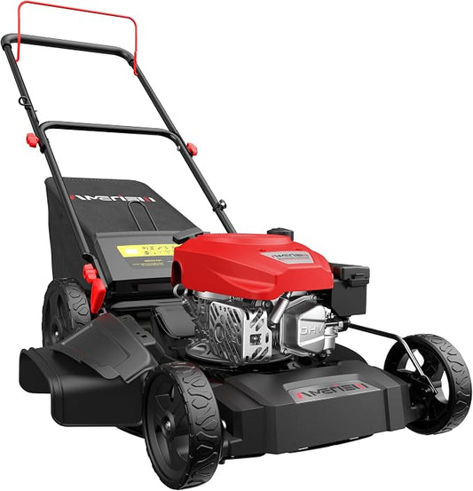AMERISUN 21-Inch Gas Push Lawn Mower for Large Yard, 144cc 4-Stroke Engine, 6-Position Adjustable Cutting Height, 3-in-1 Mulching, Side Discharge & Rear Bag for Garden Landscaping