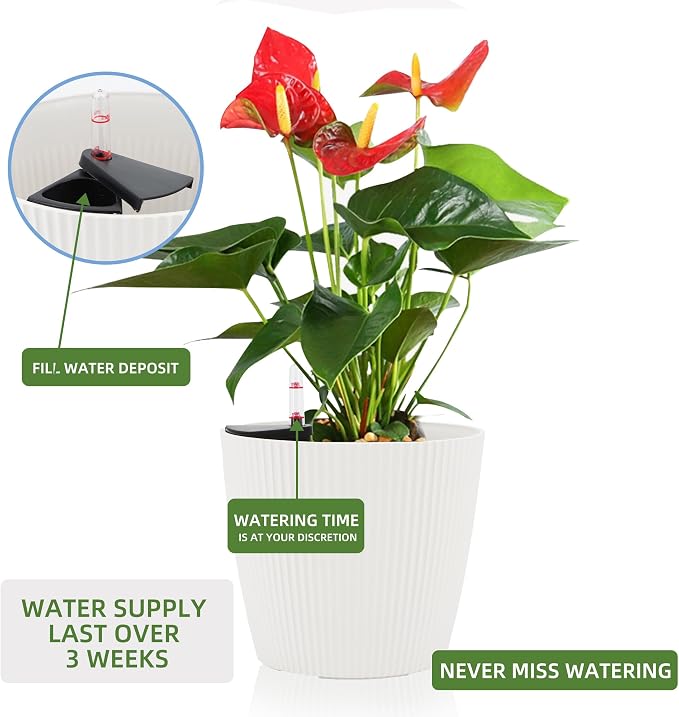 Dexceder 13x12 Self Watering Planters Indoor (2 Pack, White) | Inner Mat Design, Floor Standing Flower Plant Pot with Water Level Indicator