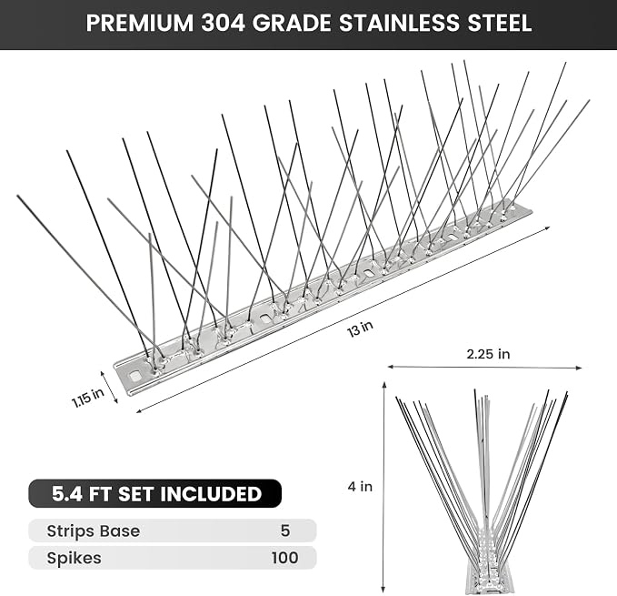 Ley's Stainless Steel Bird Spikes, 5.4 FT (5 Pack), Easy Install Metal Bird Deterrent Spikes Strip, Humane Pigeon & Small Bird Repellent for Roof, Fence, Balcony & Outdoor Protection