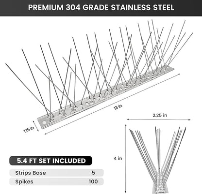 Ley's Stainless Steel Bird Spikes, 5.4 FT (5 Pack), Easy Install Metal Bird Deterrent Spikes Strip, Humane Pigeon & Small Bird Repellent for Roof, Fence, Balcony & Outdoor Protection