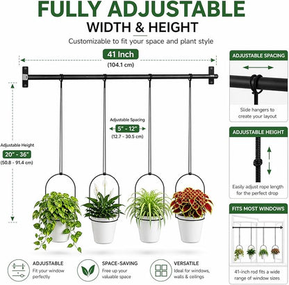 Adjustable Hanging Window Planter with 4 Pots, Space Saving Indoor Herb Garden Plant Hanger, Metal Vertical Plant Rack for Kitchen, Balcony & Home Deco41in-4 Flower pots