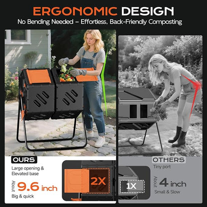 Update Compost Bin Outdoor 45 Gallon, Dual Separate Chamber 360°Rotating Composter, Garden Compost Bin for Fast Composting, Easy Assemble Compost Tumbler for Outside, Backyard, and Yard