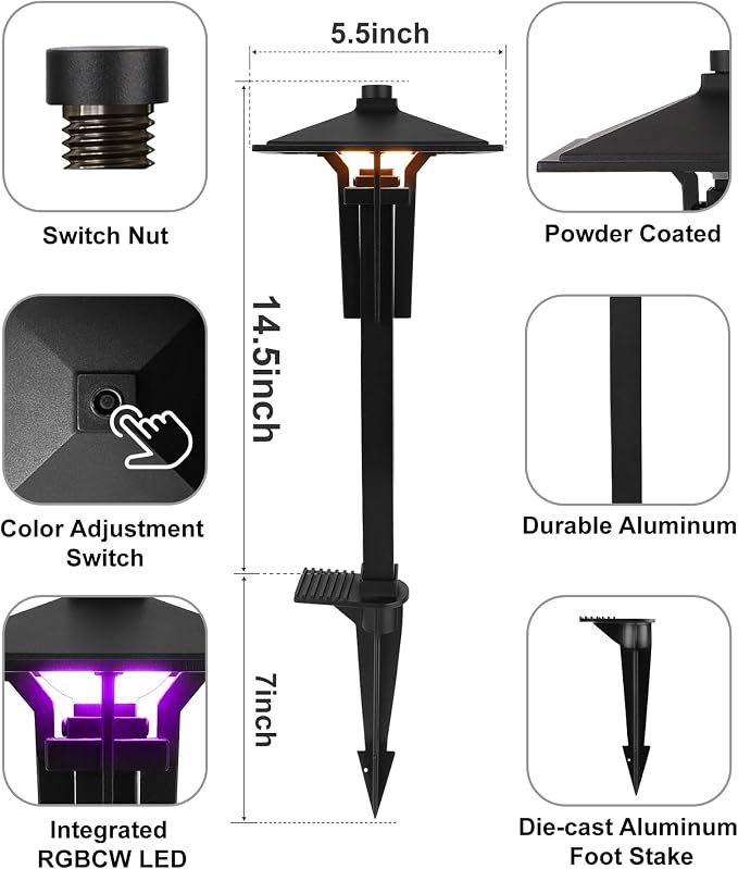 Outdoor RGB Pathway Lights Low Voltage for Christmas Decorations | 5W 12V Wired Color Changing Low Voltage Landscape Lighting for Path Sidewalk Driveway Lawn of Christmas, Aluminum, Black, 1PK