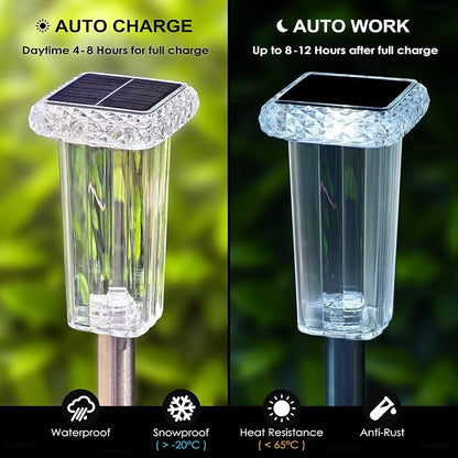 DenicMic Solar Pathway Lights Outdoor Waterproof 4 Pack 10 Lighting Mode | 3000K/4000K/6000K Fix Color Changing LED Acrylic Stainless Steel Crystal Style Star Pattern Yard Garden Landscape Path Lights