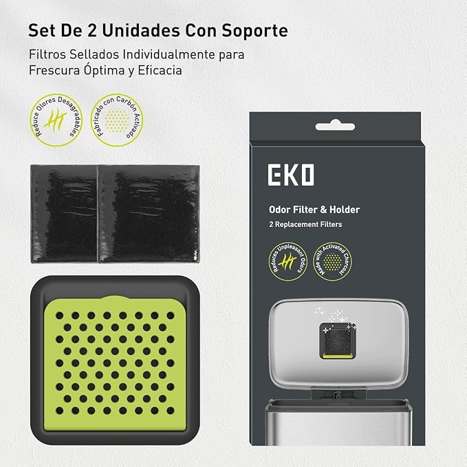 EKO Activated Charcoal Odor Filter Kit – 2-Pack Strong Odor Absorber and Deodorizer with Filter Case for Trash Cans