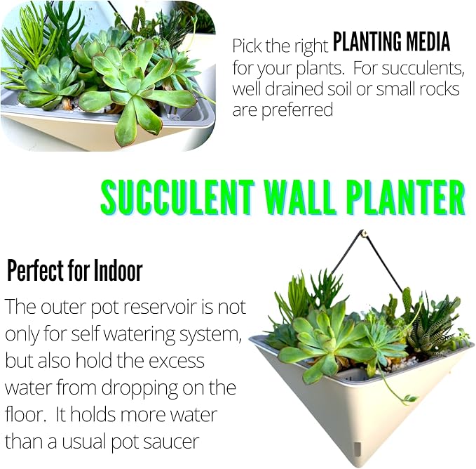 LaLaGreen Wall Planters for Indoor Plants (12in, 2 Pack) White Planter | Large Self Watering Geometric Hanging Flower Vase Vessel with Metal Hanger, Modern Stylish Wall Mounted Succulent Pot Decor