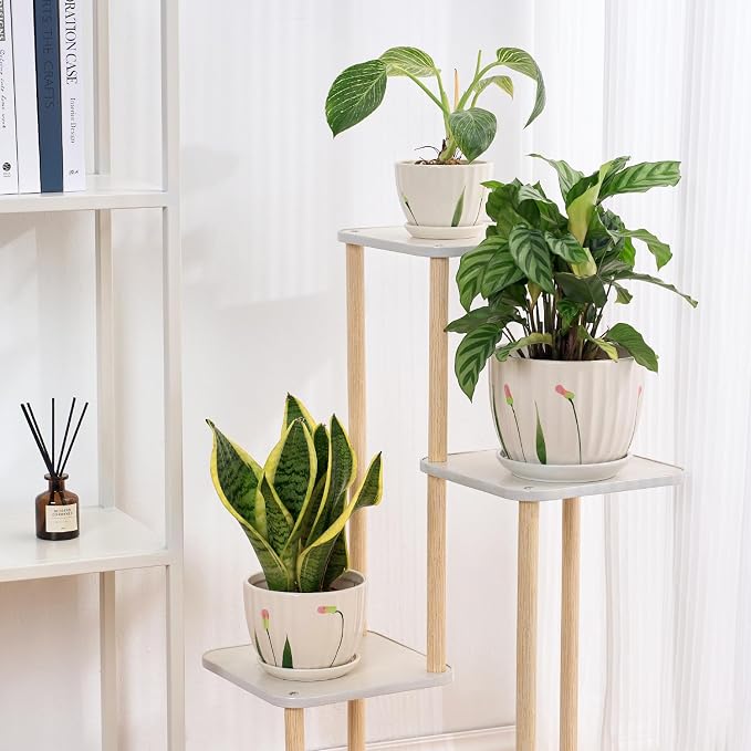 STHIE 4/5/6 Inches Ceramic Plant Pots with Drainage Holes and Saucers, Round Flower Pots for Indoor Plant, Small Flower Planters Set of 3 (White Floral-Big Size)