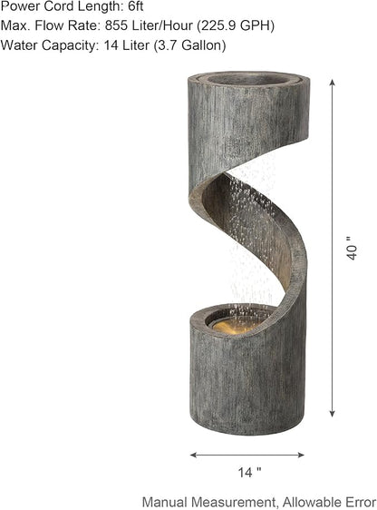 Glitzhome Outdoor Water Fountain with LED Light, Modern Spiral Tiered Outdoor Fountain with Stone Planter, Curved Freestanding Waterfall Fountains for Garden Patio Deck Porch, 40”H