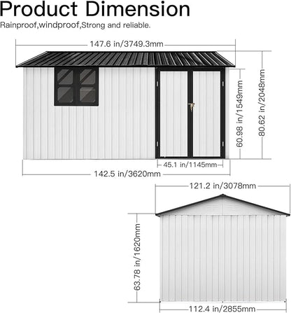 KEIKI 12x10 Ft Metal Outdoor Storage Shed Garden with Window, Foldable Worktable & Shelves, Lockable Door, Waterproof Apex Roof Heavy Duty Tool House for Backyard Garden Lawn, White Black