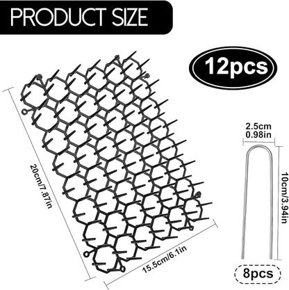 TSLBW 6.2 * 8 Inch 12 Pcs Cat Scat Mat with SpikesCat Repellent Mat with Spikes Pet Deterrent Net Anti Cat Mat Gardening Plastic Cat Scat Mat with 8 U-Shaped Pegs Wild Animal Garden Plants