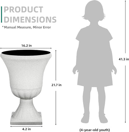 2-Pack 22" White Terrazzo Plastic Urn Planters with Drainage Holes | Set of 2 PP urn planters with white terrazzo finish, drainage plugs, UV-treated surface, and KD base for porch or patio