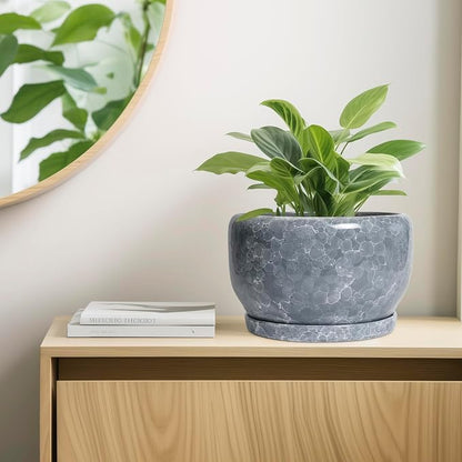 SQOWL Ceramic Pot for Plants - 10 Inch Plant Pot Indoor with Drainage Hole and Saucer, Round Ceramic Planter, Decorative Large Flower Pot Outdoor, Home Office Room Decor, Garden Gifts, Gray