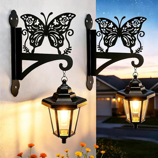 VOOKRY Solar Wall Lanterns Outdoor, Waterproof 2 Pack Hanging Lights with Butterfly Hooks, Wall Mount Sconce with 3 Solar Panels for Patio Porch Yard Garden Decor, Dusk to Dawn 2700K Warm White