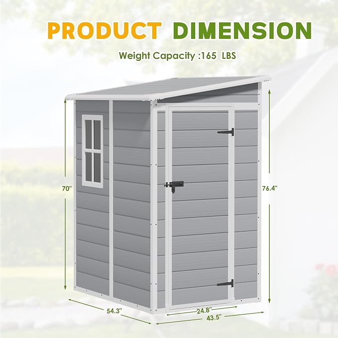 Greesum 5x4FT Plastic Outdoor Storage Shed, Resin Shed with Floor and Window, Tool Sheds with Lockable Door and Vent, for Garden, Garage, Lawn, Backyard, Light Gray