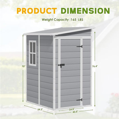 Greesum 5x4FT Plastic Outdoor Storage Shed, Resin Shed with Floor and Window, Tool Sheds with Lockable Door and Vent, for Garden, Garage, Lawn, Backyard, Light Gray