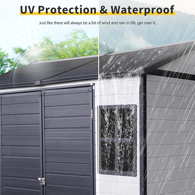 PVWIIK 8x6 ft Resin Outdoor Storage Shed with Floor & Window, Lockable Waterproof All-Weather Utility Shed for Garden Tools & Trash Bins, Black-White