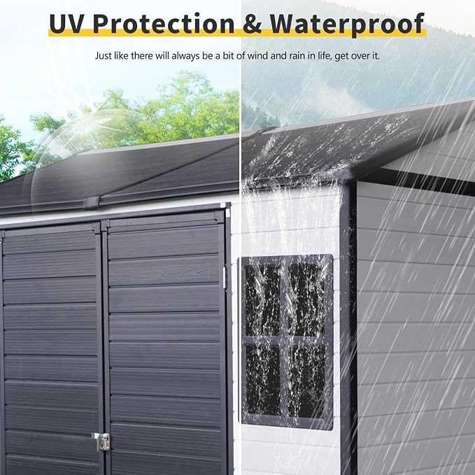 Ball & Cast 8x6 FT Resin Outdoor Storage Shed,Waterproof Garden Organizer Tool House with Floor & Two Windows,Backyard Cabinet w/Lockable Door and 2 Ventilation,Shelter for Car,Lawnmower,Grey+White