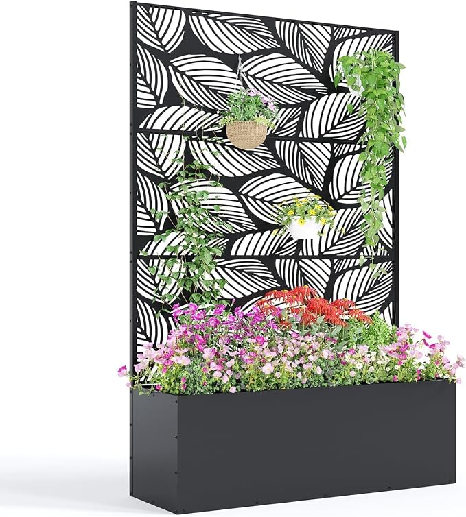 GarveeLife Metal Planter Box with Trellis, 71"x47"x16" Raised Garden Bed for Climbing Plants, Vegetables, Vines, Privacy Planters for Patio with Drainage Holes, 15.7" Deep Planting Bed