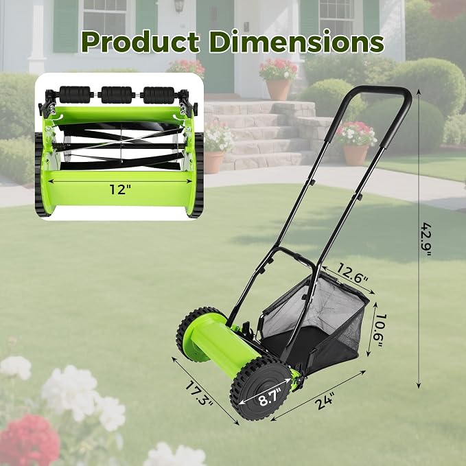 12" Push Reel Lawn Mower, 0.67-1.3 in Adjustable Cutting Height | 6-Gallon Collection Bag, 5 Blade Manual Lawn Mower, Walk-Behind Lawn Mowers for Yard, Garden