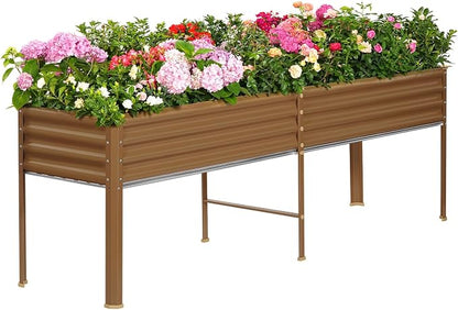Land Guard Galvanized Raised Garden Bed with Legs, 96×24×32in Raised Garden Beds Outdoor with Drainage Holes, Planter Boxes Outdoor for Backyard, Patio, Balcony, 1200lb Capacity, Brown