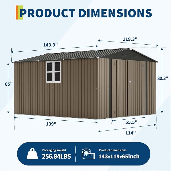 10X12 FT Storage Shed，Lockable Gable Roof Garden Shed with Grid Window, All-Weather Resistant Storage Unit for Bikes, Ladders, Patio Supplies & Garden Essentials
