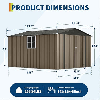 10X12 FT Storage Shed，Lockable Gable Roof Garden Shed with Grid Window, All-Weather Resistant Storage Unit for Bikes, Ladders, Patio Supplies & Garden Essentials