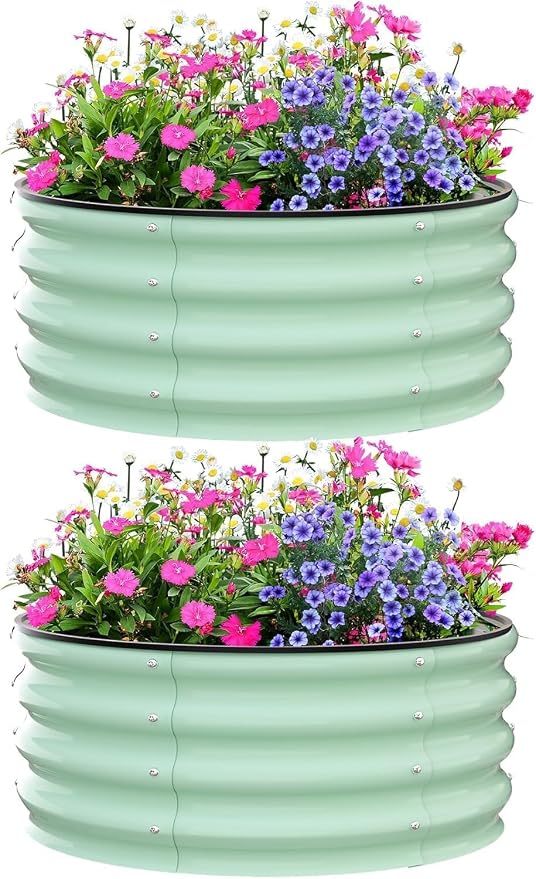 Garvee Galvanized Raised Garden Bed, 2Pcs Raised Garden Beds Outdoor, Round Planter Raised Beds with Gloves and Rubber Edge Trim for Vegetables, Flowers and Herbs, 2x2x1 FT, Green