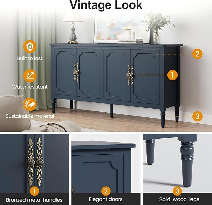 RoyalCraft Sideboard Buffet Cabinet with Storage, 59" Mid Century Modern Credenza with 4 Doors, Coffee Bar Wine Bar Storage Cabinet with Artistic Carved Handle for Living Room, Dining Room, Navy Blue