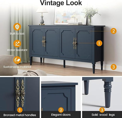 RoyalCraft Sideboard Buffet Cabinet with Storage, 59" Mid Century Modern Credenza with 4 Doors, Coffee Bar Wine Bar Storage Cabinet with Artistic Carved Handle for Living Room, Dining Room, Navy Blue