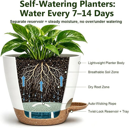Plant Pots for Indoor 9/8/7/6.5/6/5 Inch, Self Watering Planter Pots with Drainage Holes and Saucers, 6Pcs Plastic Flower Pots for Indoor & Outdoor Plants（White）