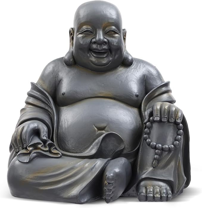 Cinnvoice 16x18 Inch Laughing Buddha Statue Outdoor Large Happy Sitting Buddha Statue Rustic Zen Monk Praying Sculptures Wealth Good Luck Feng Shui Decor for Indoor Garden Home Decoration