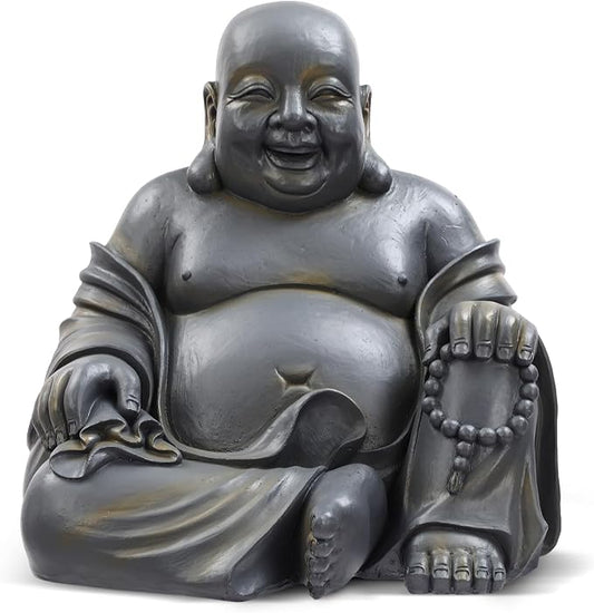 Cinnvoice 16x18 Inch Laughing Buddha Statue Outdoor Large Happy Sitting Buddha Statue Rustic Zen Monk Praying Sculptures Wealth Good Luck Feng Shui Decor for Indoor Garden Home Decoration