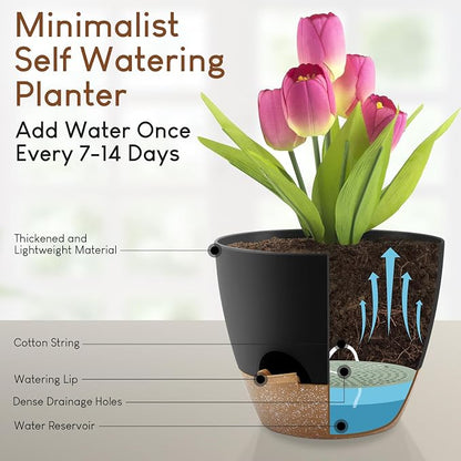 YNNICO Plant Pots 10/9/8/7.5/7 inch, Self Watering Planters with Drainage Holes & Saucers for Indoor and Outdoor Plants (Black)
