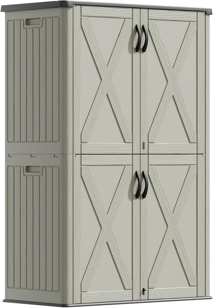 Devoko 50 Cu Ft Plastic Outdoor Storage Cabinet, Beige | Vertical Resin Storage Shed with Lockable Door, Waterproof Shed for Patio Furniture Pool Toy, Garden Tool, Shelf Not Included