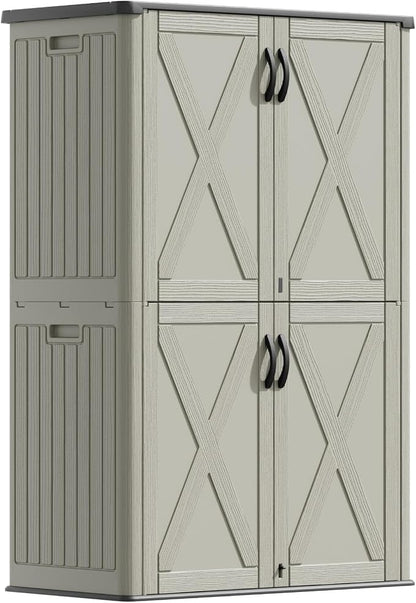 Devoko 50 Cu Ft Plastic Outdoor Storage Cabinet, Beige | Vertical Resin Storage Shed with Lockable Door, Waterproof Shed for Patio Furniture Pool Toy, Garden Tool, Shelf Not Included