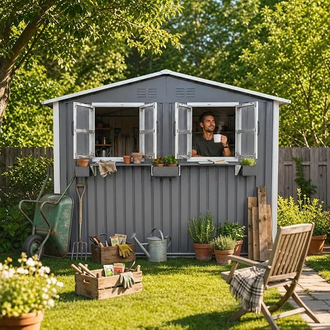 6x9 FT Outdoor Storage Shed with 2 Clear Openable Windows,Waterproof Metal Building Backyard Shed w/Windowsill & Garden Bed Flower Rack,Lockable Double Doors Tool Shed,Waterproof,for Yard,Gray