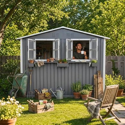 6x9 FT Outdoor Storage Shed with 2 Clear Openable Windows,Waterproof Metal Building Backyard Shed w/Windowsill & Garden Bed Flower Rack,Lockable Double Doors Tool Shed,Waterproof,for Yard,Gray