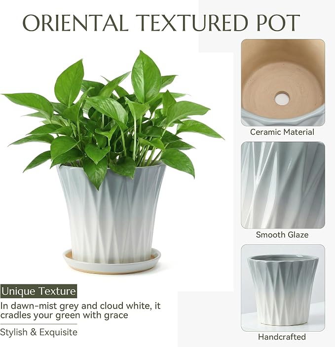 8.3 Inch Ceramic pots for Plants with Saucer Drainage Leak-Proof Mesh, Round Plant Pot with Gardening Gloves for Indoor Outdoor Plants (Rippled Grey)