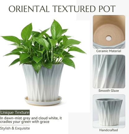 10 Inch Ceramic pots for Plants with Saucer Drainage Leak-Proof Mesh, Round Plant Pot with Gardening Gloves for Indoor Outdoor Plants (Rippled Grey)
