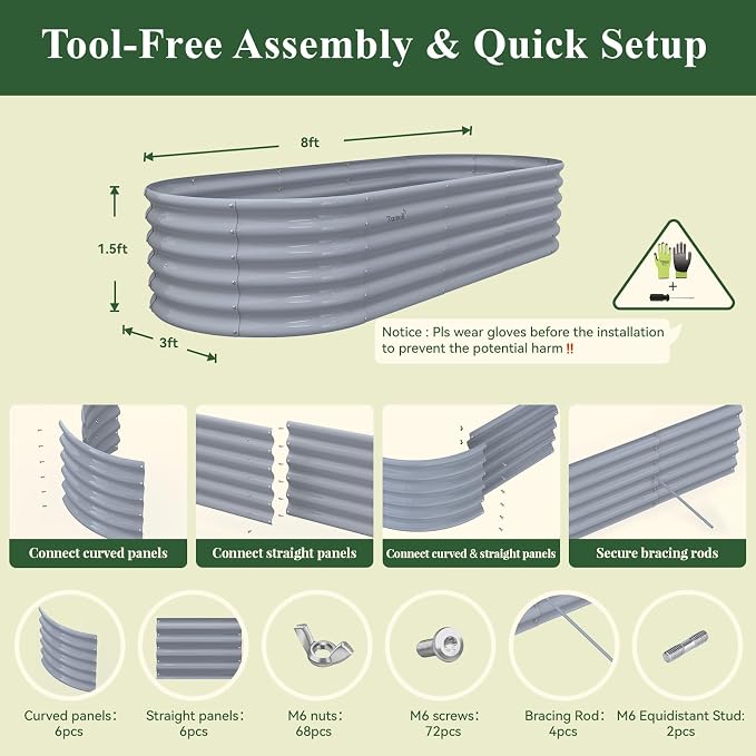 Galvanized Raised Garden Bed, 8x3x1.5ft Oval Metal Planter Box | Easy Tool-Free Assembly, Beginner & Senior Friendly, 18" Tall Large Outdoor Gardening Beds for Vegetables, Flowers, Herb Gray