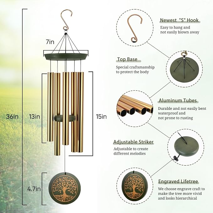 ASTARIN Memorial Wind Chimes for Outdoor & Gifts – Engraved Tree of Life, 36” Durable Metal Chimes with Soothing Melodies, Waterproof & Customizable Tones