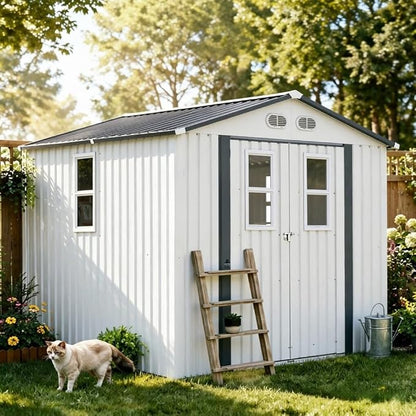 KEIKI 8x8 Outdoor Storage Shed, Metal Garden Shed with 4 Windows and Lockable Doors, Heavy Duty Steel Storage House for Backyard Patio Lawn, Bike Storage, Tool Room, Pet Shelter, White