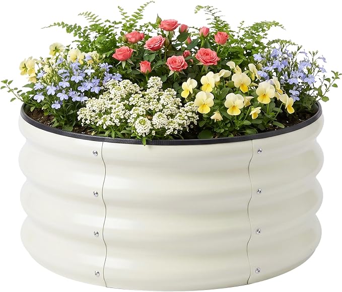 SnugNiture 2x2x1ft Round Galvanized Raised Garden Bed Kit Outdoor, Metal Planter Box for Planting Plants Vegetables, White