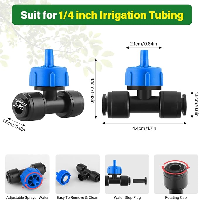 Kalolary 30Pcs Push-to-Fit Drip Irrigation Emitters 1 GPH Pressure Compensating Drippers with Constant Water Flow Drip Irrigation System Parts for 1/4 Inch Irrigation Tubing with 6PCS End Plugs (Blue)