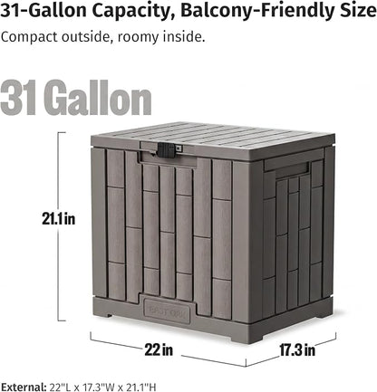 EAST OAK Outdoor Storage Box, 31 Gallon Deck Box, Waterproof Resin Storage Bin for Patio Cushions, Gardening Tools, Accessories, Lockable, UV Resistant, Brown